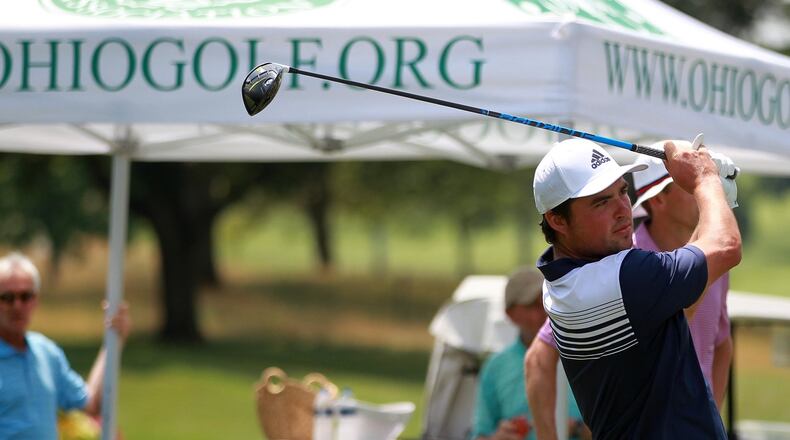 Luke Campbell watches his tee shot on the 10th hole at Moraine Country Club in the 113th Ohio Amateur Championship on Thursday, July 11, 2019. Campbell and Maxwell Molodvan lead the tournament at 5-under-par entering Friday’s final round. John Boyle/STAFF