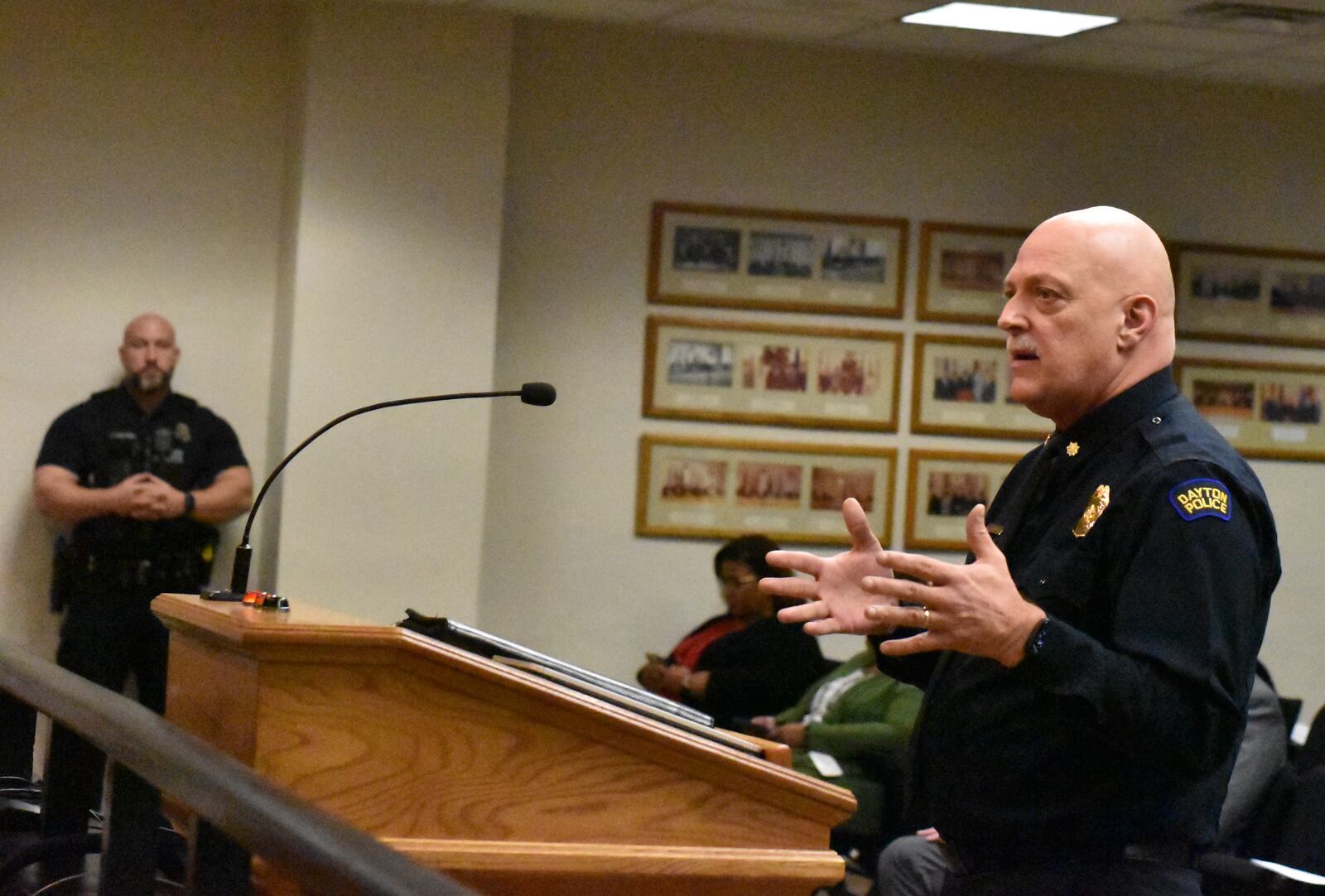 Dayton Police Department Major Paul Saunders discusses automated license plate readers at a Dayton City Commission meeting on Wednesday, Nov. 29, 2023. CORNELIUS FROLIK / STAFF