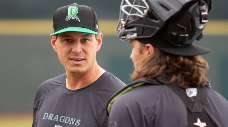 Dragons manager Bryan LaHair talks with catcher Garrett Wolforth during media last season at DayAir Ballpark.  Alexa Sandler/Dayton Dragons photo