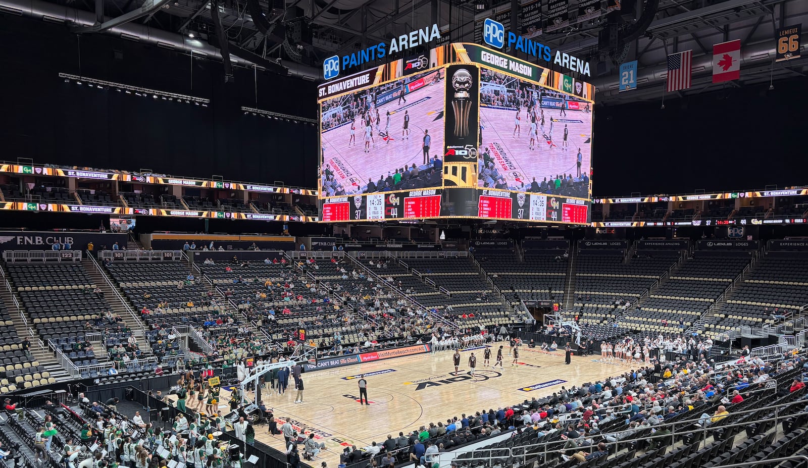 St. Bonaventure and George Mason play in the second round of the Atlantic 10 Conference tournament on Thursday, March 12, 2026, at PPG Paints Arena in Pittsburgh. David Jablonski/Staff