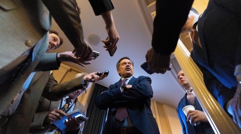 House Minority Leader Del. Terry Kilgore, R-Scott, speaks to members of the media during a special legislative session, Monday, Oct. 27, 2025, in Richmond, Va. (Mike Kropf/Richmond Times-Dispatch via AP)