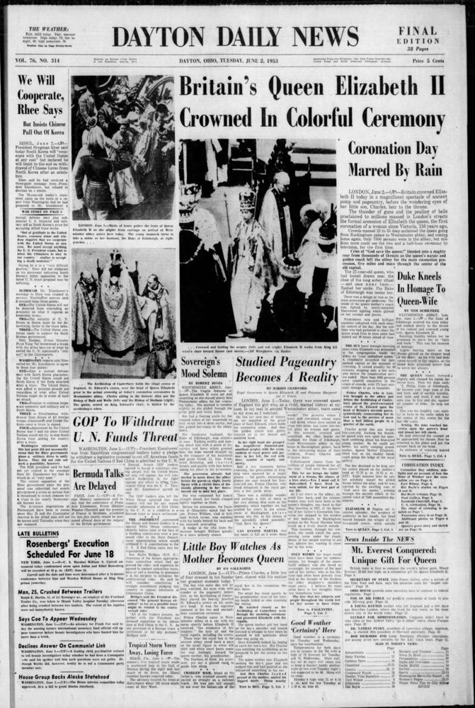 Dayton newspaper pages from Queen Elizabeth coronation