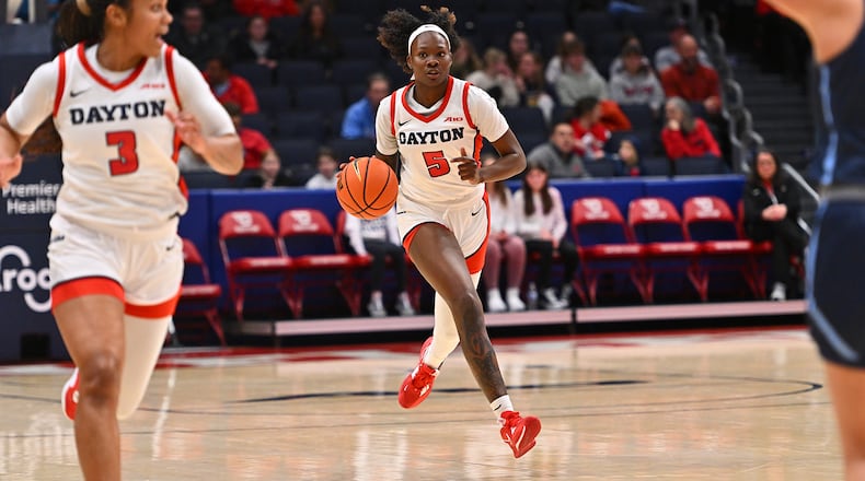 Dayton's Arianna Smith brings the ball upcourt during Thursday night's win over Cedarville. Erik Schelkun/CONTRIBUTED