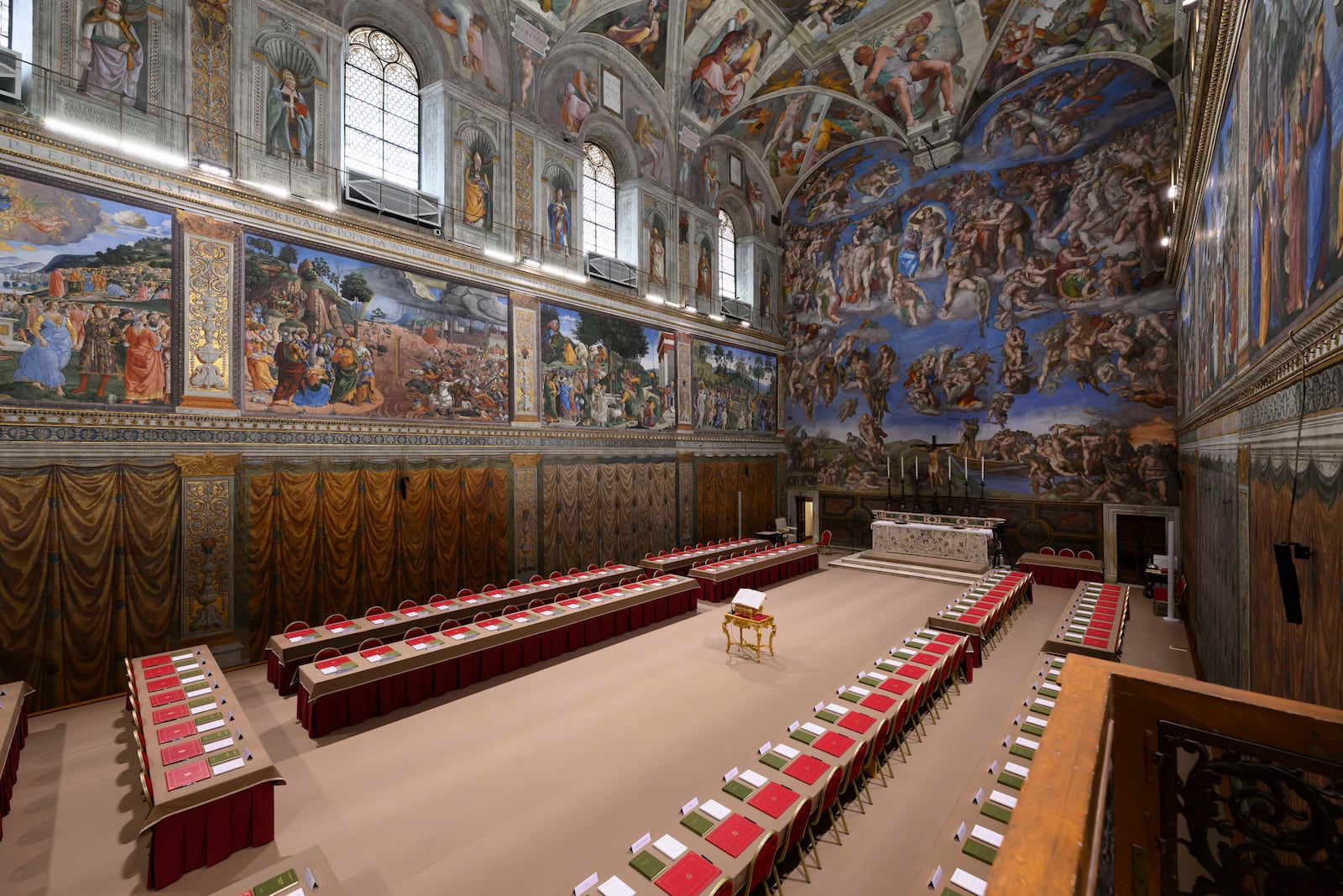 A view of the Sistine Chapel where cardinals gather to elect the new pope, at the Vatican, Tuesday, May 6, 2025. (Vatican Media via AP)
