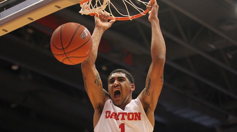 Dayton’s Obi Toppin dunks against Purdue Fort Wayne on Friday, Nov. 16, 2018, at UD Arena.