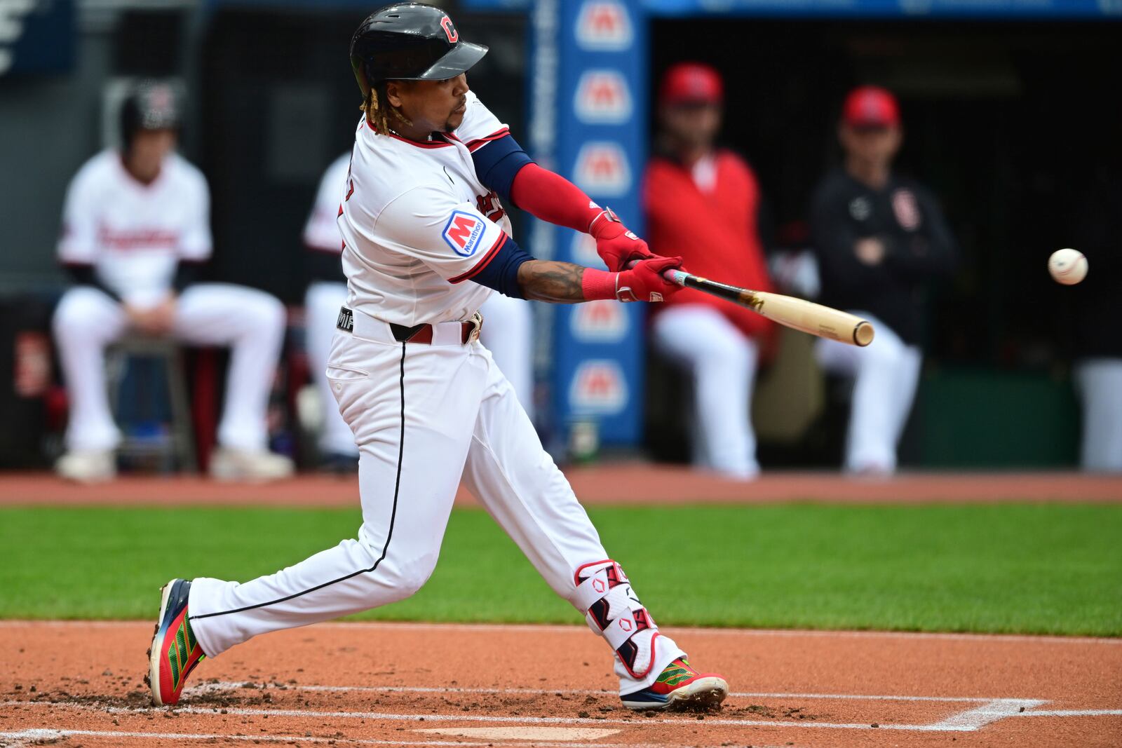 Cleveland Guardians' Jose Ramirez hits an RBI single during the first inning of a baseball game against the Los Angeles Dodgers, Wednesday, May 28, 2025, in Cleveland. (AP Photo/David Dermer)