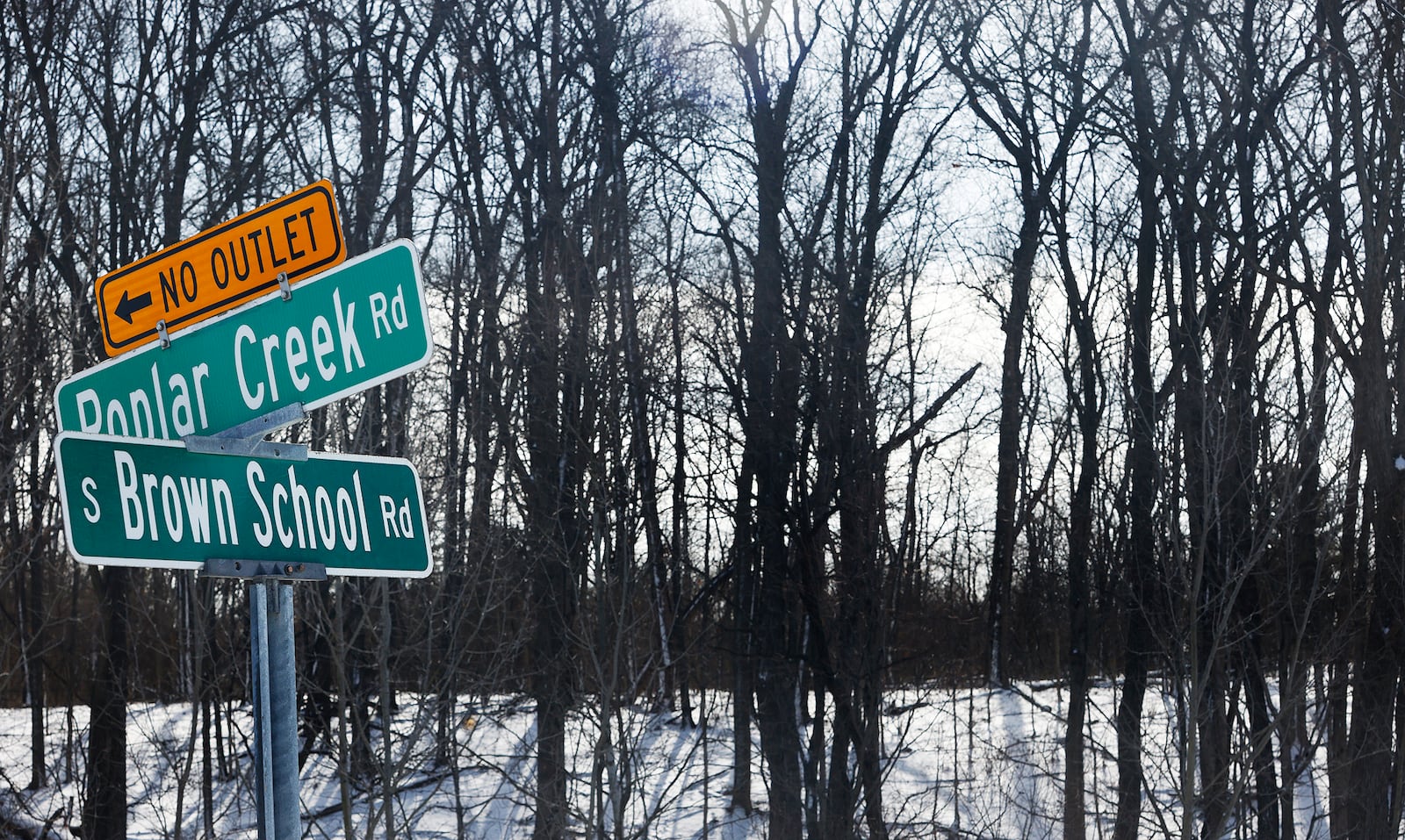 The site of a proposed housing development south of Interstate 70, on the east side of South Brown School Road. Poplar Creek Road serves as northern border of site. Southern border of site sits just south of Foxfire Trail. MARSHALL GORBY\STAFF