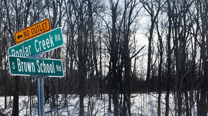 The site of a proposed housing development south of Interstate 70, on the east side of South Brown School Road. Poplar Creek Road serves as northern border of site. Southern border of site sits just south of Foxfire Trail. MARSHALL GORBY\STAFF