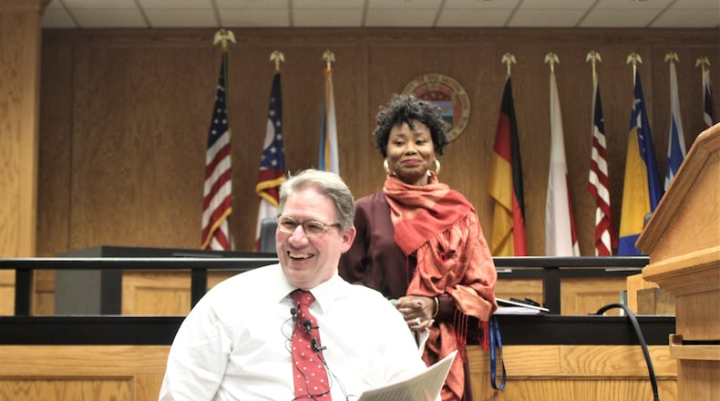 Dayton City Commissioners Darryl Fairchild and Shenise Turner-Sloss at a press conference. CORNELIUS FROLIK / STAFF