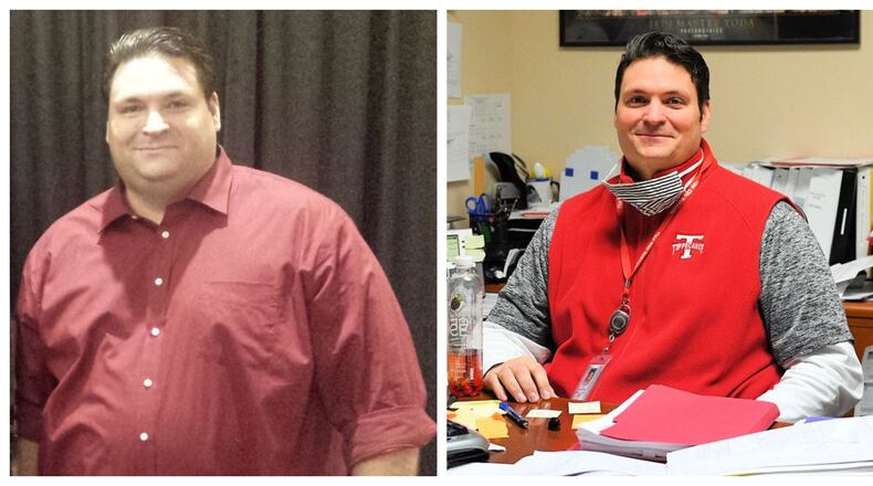 Before and after: Dave Stevens lost more than 60 pounds during the pandemic.