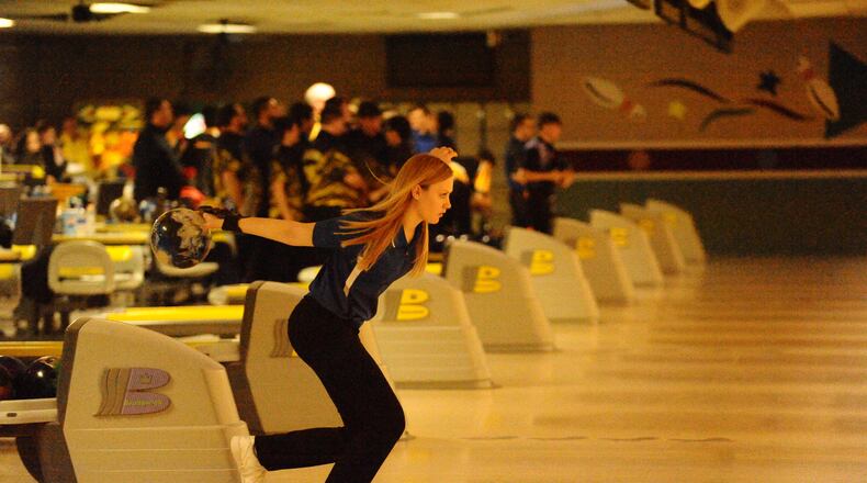 Xenia’s Gillian Miller helped the Buccaneers win the Baker Bash at Beaver-Vu Bowl on Monday. Greg Billing/CONTRIBUTED