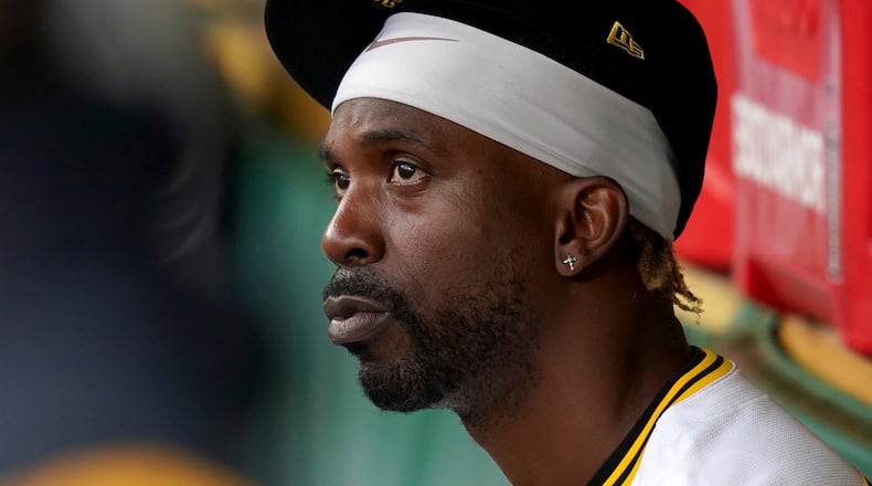 FILE - Pittsburgh Pirates' Andrew McCutchen sits in the dugout before a baseball game against the Milwaukee Brewers, Sept. 6, 2025, in Pittsburgh. (AP Photo/Matt Freed, File)