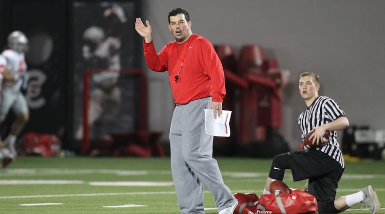 Ohio State’s Ryan Day coaches at practice on Tuesday, March 21, 2017, at the Woody Hayes Athletic Center in Columbus. David Jablonski/Staff