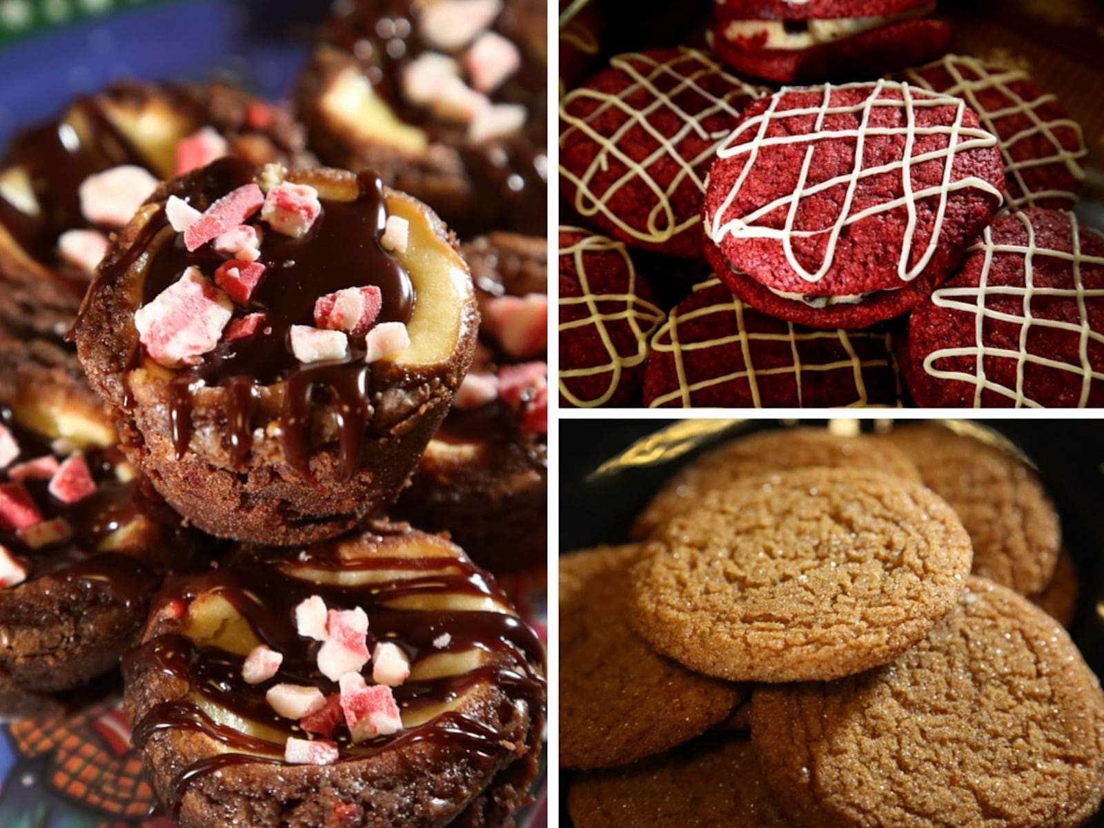 The top three prize-winning cookies in the 2015 Dayton Daily News Holiday Cookie Contest: (clockwise from left) Chocolate Mint Cheesecake Cups by Tami Monnig of Springboro, Red Velvet Cannoli Cream Sandwich Cookies by Laura Haber of Miamisburg and Molasses Cookies by Karen Findlay of Huber Heights.