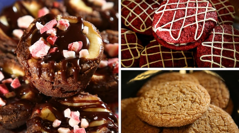 The top three prize-winning cookies in the 2015 Dayton Daily News Holiday Cookie Contest: (clockwise from left) Chocolate Mint Cheesecake Cups by Tami Monnig of Springboro, Red Velvet Cannoli Cream Sandwich Cookies by Laura Haber of Miamisburg and Molasses Cookies by Karen Findlay of Huber Heights.