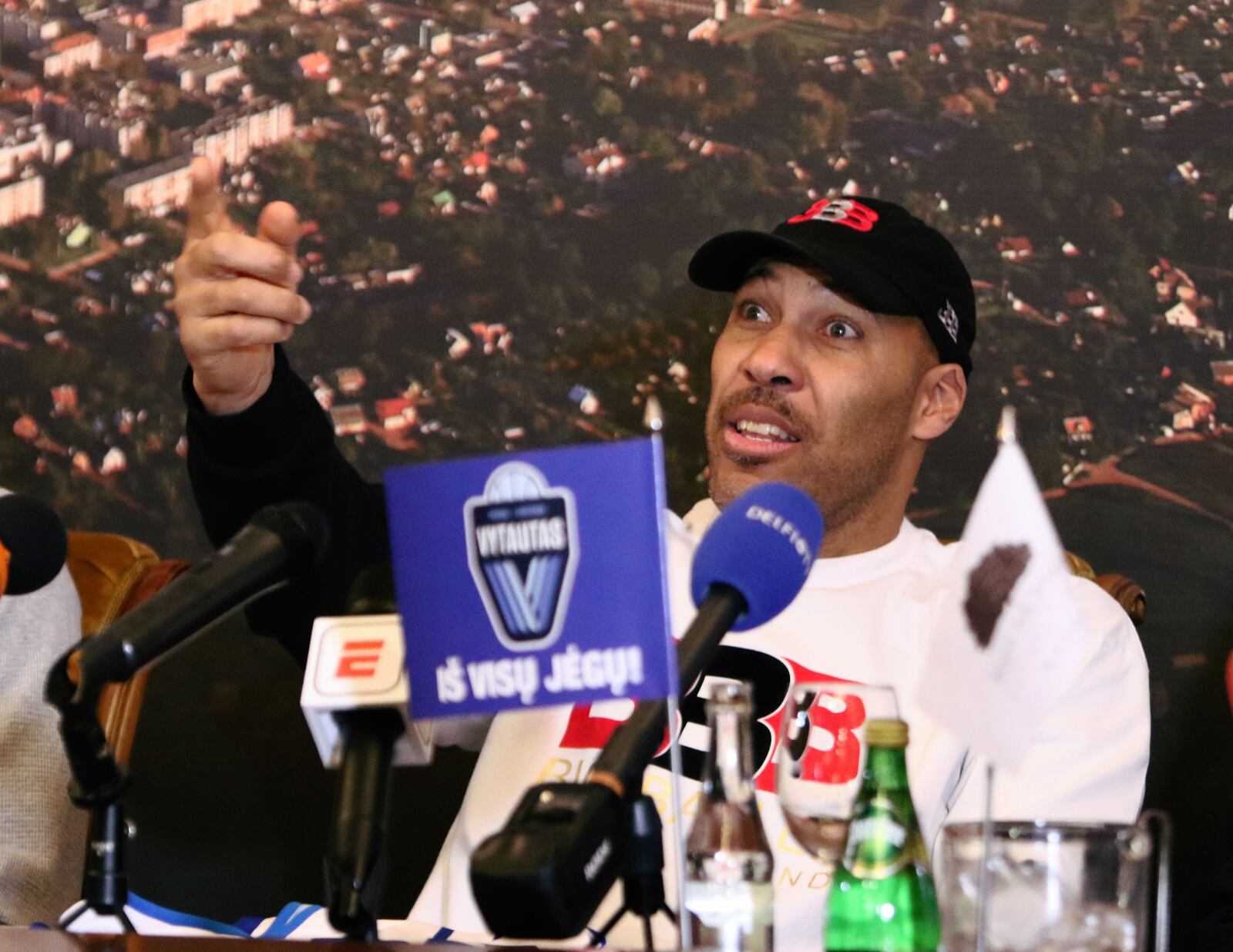 Los Angeles entrepreneur LaVar Ball addresses a press conference in Prienai, Lithuania, where his sons LaMelo Ball, LiAngelo Ball will play for the Vytautas club on January 5, 2018. Basketball-crazed Lithuania welcomed LiAngelo and LaMelo Ball, the two youngest sons of flamboyant Los Angeles entrepreneur LaVar Ball who recently made headlines due to a feud with US President Donald Trump. / AFP PHOTO / Petras MalukasPETRAS MALUKAS/AFP/Getty Images ORIG FILE ID: AFP_VQ2UK