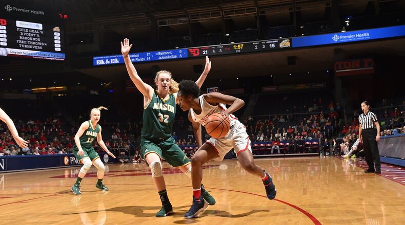 Dayton’s JaVonna Layfield against George Mason on Wednesday, Feb. 21, 2018 at UD Arena. ERIK SCHELKUN/CONTRIBUTED