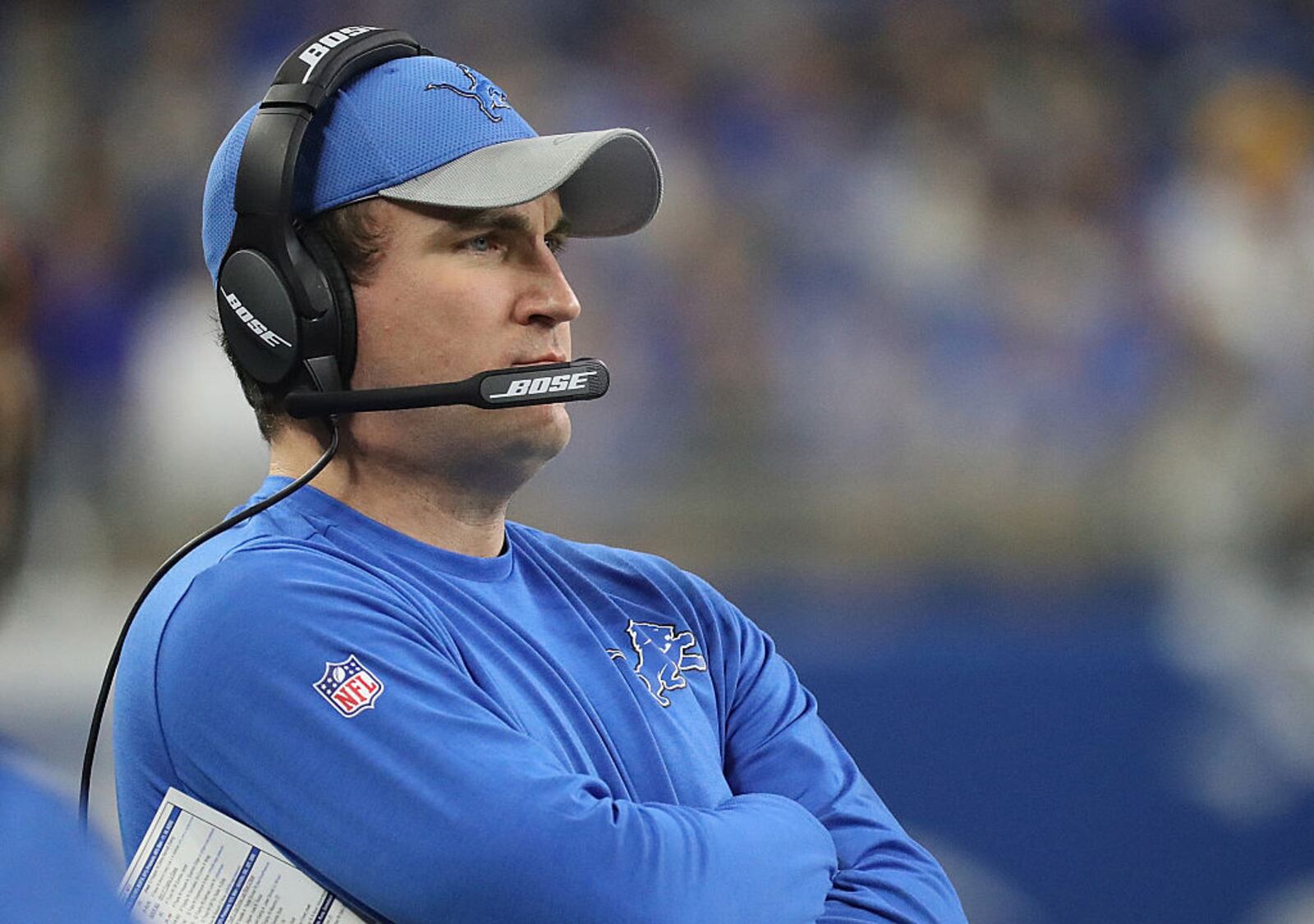 DETROIT, MI - JANUARY 01: Offensive coordinator Jim Bob Cooter of the Detroit Lions watches his team against the Green Bay Packers during first half action at Ford Field on January 1, 2017 in Detroit, Michigan. (Photo by Leon Halip/Getty Images)
