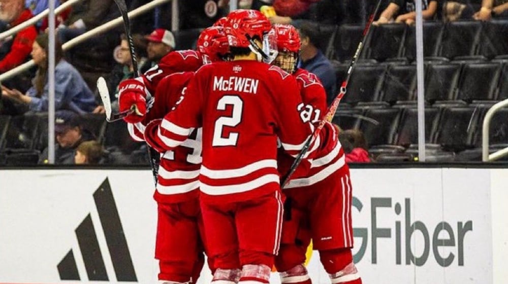 Miami’s Shaun McEwen celebrates with teammates after scoring a goal against Omaha on Saturday night. MIAMI ATHLETICS PHOTO