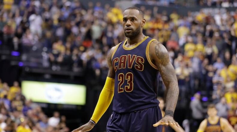 Cleveland Cavaliers' LeBron James in action during the second half in Game 4 of a first-round NBA basketball playoff series against the Indiana Pacers, Sunday, April 23, 2017, in Indianapolis. Cleveland defeated Indiana 106-102 and won the series 4-0. (AP Photo/Darron Cummings)