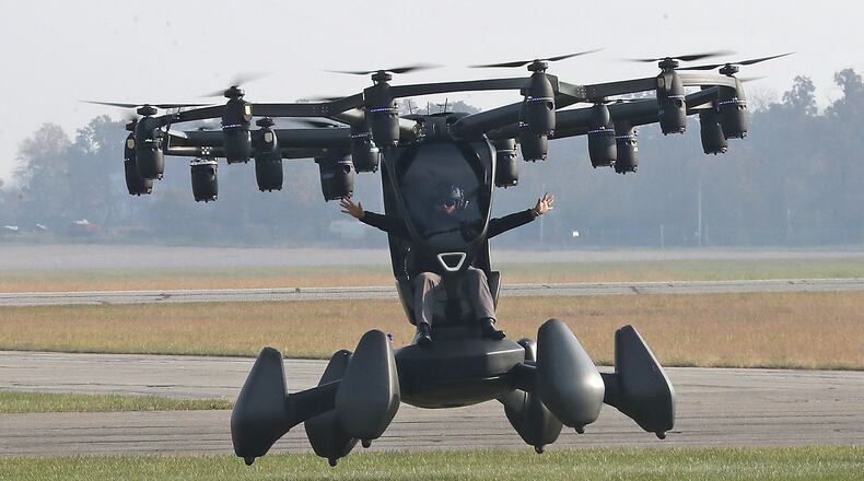 The Lift Aircraft pilot demonstrates their advanced air mobility system, or flying car, last year during the Advanced Air Mobility Showcase at Springfield-Beckley Municipal Airport. The event featured some of the top companies in the world of advanced air mobility systems as they showed their flying vehicles and the technology that make them possible. BILL LACKEY/STAFF