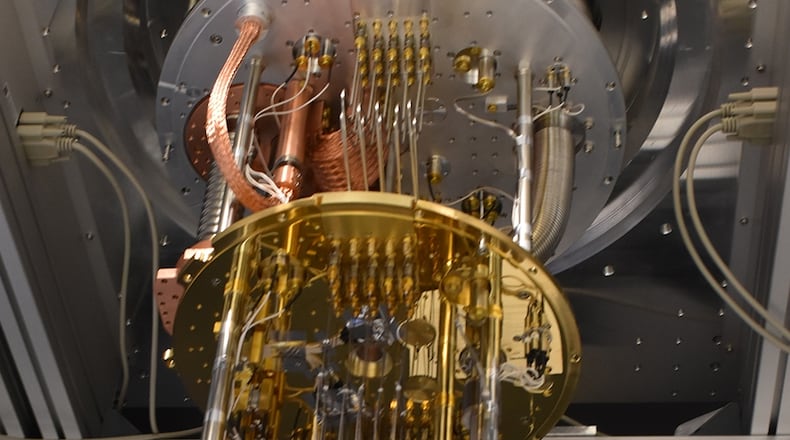 A cryogenic refrigerator installed in the Quantum Information and Sciences Laboratory at Air Force Research Laboratory’s Information Directorate in Rome, New York. The device is used by AFRL researchers to measure the energy and coherence times of superconducting quantum bits (qubits), two important characteristics that determine how long qubits can retain quantum information. CONTRIBUTED PHOTO