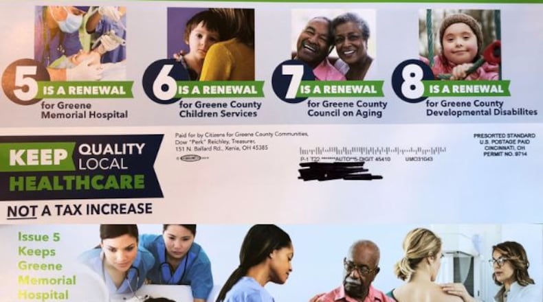 Pro-levy mailers sent to Greene County residents by Citizens for Greene County Communities.