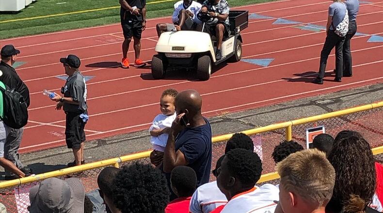 Bengals wide receiver A.J. Green was carted off during training camp practice Saturday, July 27, at Welcome Stadium in Dayton. CONTRIBUTED