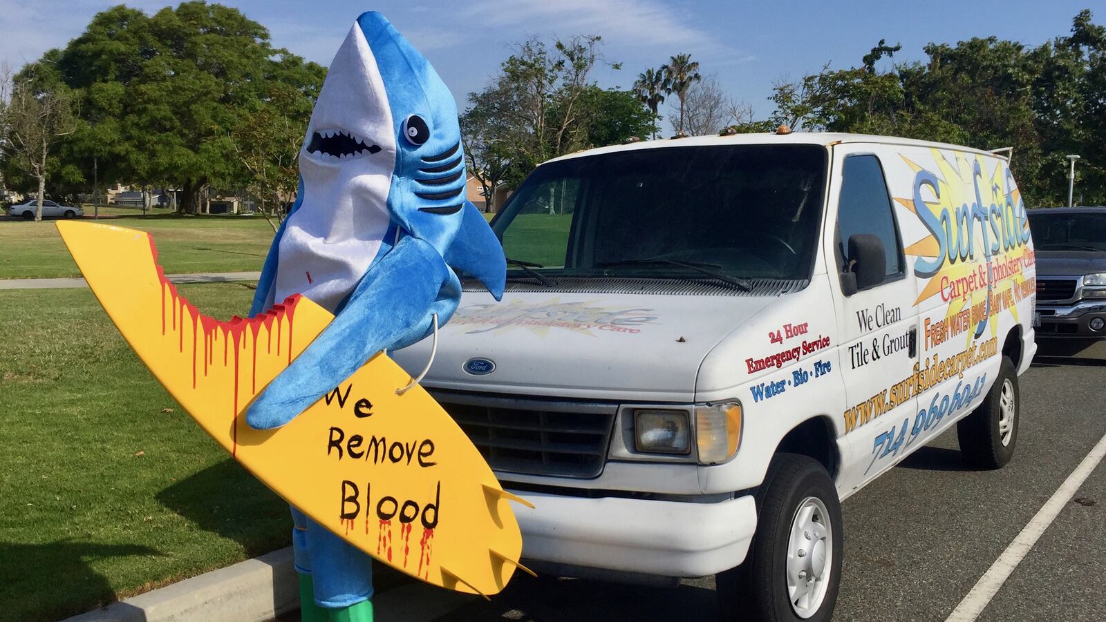 An influx of sharks along the Orange County coast in early 2017 has inspired some businesses to adopt shark themes. In May, the owners of Huntington Beachâs Surfside Carpet Cleaning set up a shark surfing mannequin on Magnolia Street with the slogan âWe remove blood.â Owner Laurie Fisser said âEveryone is thnking about sharksâ¦You have to have fun with it.â The promotion has brought in at least five new cleaning jobs, she said. (Margot Roosevelt/Orange County Register/TNS)