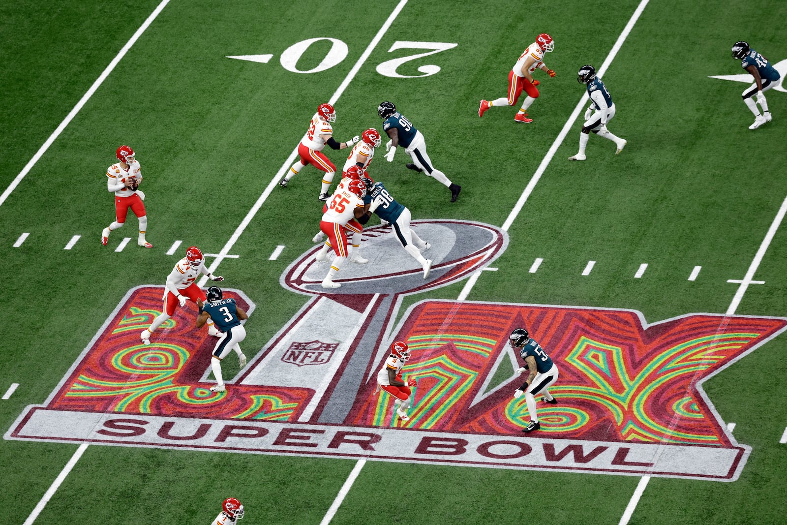 FILE - Kansas City Chiefs quarterback Patrick Mahomes (15) looks to pass the ball during the NFL Super Bowl 59 football game against the Philadelphia Eagles Sunday, Feb. 9, 2025, in New Orleans. The Eagles won 40-22. (AP Photo/Adam Hunger, File)