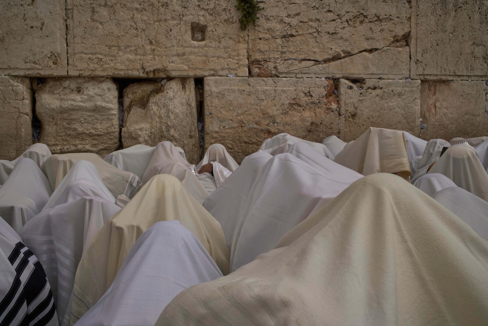Covered in prayer shawls, Jewish men of the Cohanim Priestly caste participate in a blessing during the holiday of Passover, at the Western Wall, the holiest site where Jews can pray, in the Old City of Jerusalem, Tuesday, April 15, 2025. (AP Photo/Leo Correa)