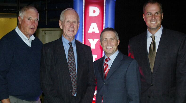 Bob Knight, former Dayton coach Don Donoher, then coach Brian Gregory and ESPN's Jay Bilas pose for a photo during the University of Dayton's Celebration of Flyer Basketball event at UD Arena in 2007. DDN File
