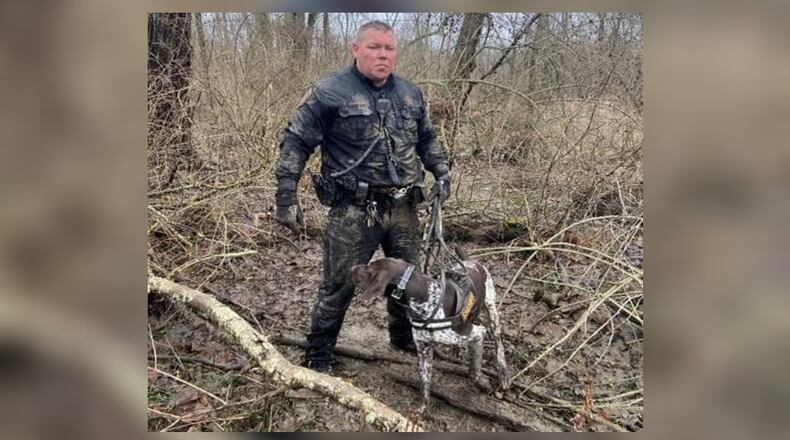 Darke County Sheriff's K-9 team Oakley and handler deputy Jamie Joseph tracked two suspects into a thickly wooded area with high water on Tuesday, Feb. 22, 2022.