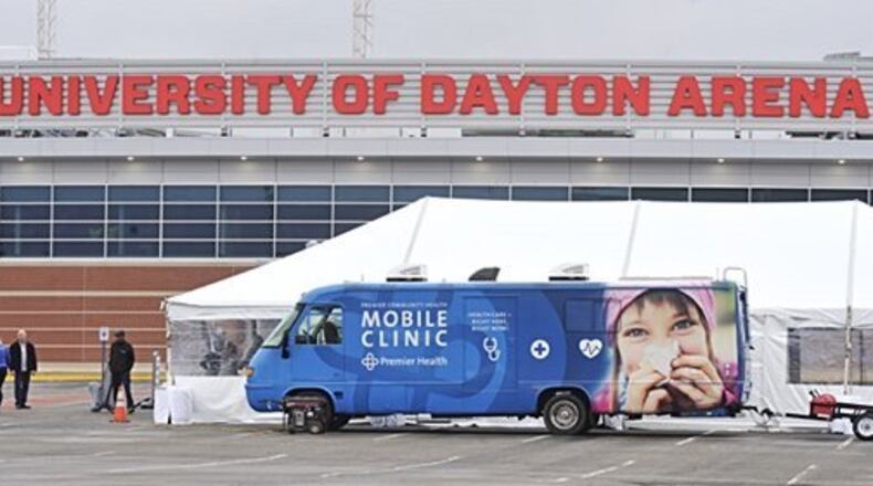 Mobile health clinic set up University of Dayton Arena. People with doctor’s order can get tested for coronavirus at UD Arena parking lot in Dayton starting on Tuesday, March 17, 2020. Premier Health is collaborating with the UD to set up a specimen collection site from 10 a.m. to 6 p.m. daily. Staff photo: Marshall Gorby