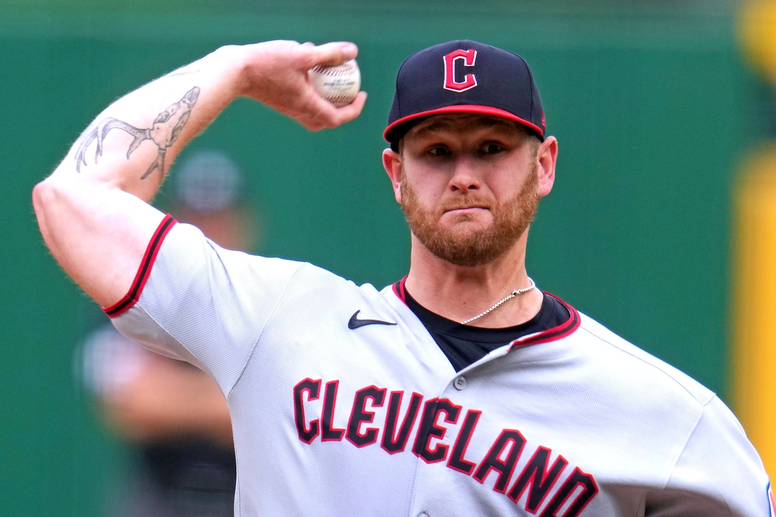 Cleveland Guardians pitcher Ben Lively delivers during the first inning of a baseball game against the Pittsburgh Pirates in Pittsburgh, Saturday, April 19, 2025. (AP Photo/Gene J. Puskar)