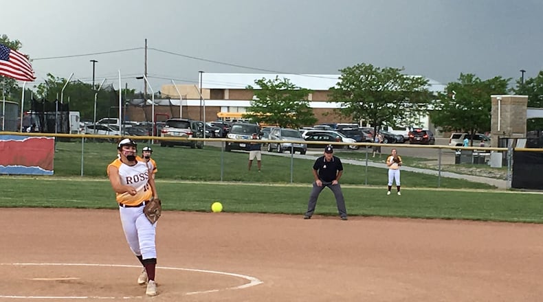 Ross pitcher Kenzie Meyer deals in the circle May 15 during a Division II district semifinal against Badin at Kings. RICK CASSANO/STAFF