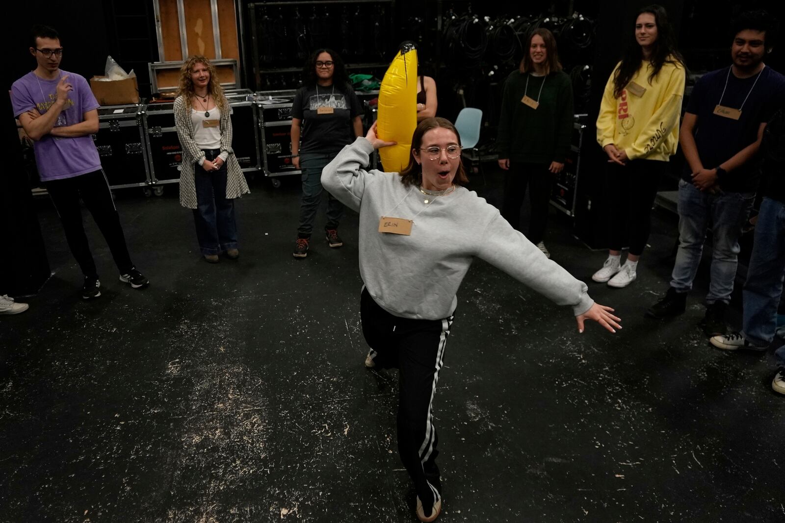 Erin Grant improvises during a creative climate communication class Thursday, March 20, 2025, in Boulder, Colo. (AP Photo/Brittany Peterson)