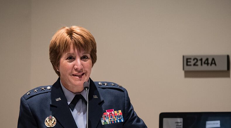Lt. Gen. Dorothy Hogg, U.S. Air Force surgeon general, kicks off the School of Air Evacuation’s 75th anniversary event by thanking the audience for the opportunity to celebrate a remarkable milestone of what she calls ‘disruptive innovation.’ The school’s 75th anniversary event Aug. 2-3 includes a wreath-laying ceremony in remembrance of the flight nurses and technicians who have lost their lives in the line of duty. The two-day event was held at United States Air Force School of Aerospace Medicine, part of the larger centennial celebration. (U.S. Air Force photo/Rick Eldridge)