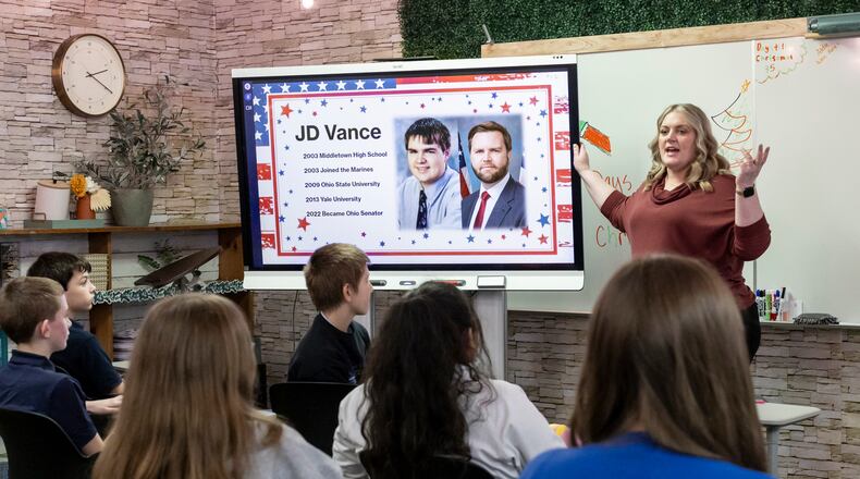 Monica Gross discusses Vice President elect J.D. Vance in her middle school social studies class at Middletown Christian Wednesday, Nov. 20, 2024. NICK GRAHAM/STAFF