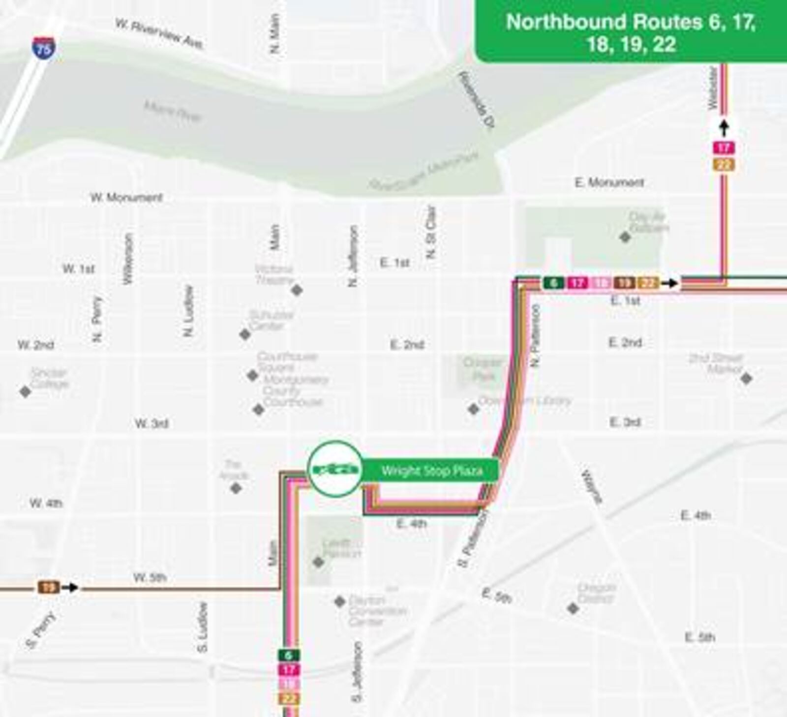 Northbound Routes 6, 17, 18, 19 and 22 - From South Main Street they will turn right into Wright Stop Plaza. When exiting, they will turn right onto Jefferson Street, left onto Fourth Street, left onto Patterson Boulevard and then right onto First Street back to the designated routes. (CONTRIBUTED: RTA)