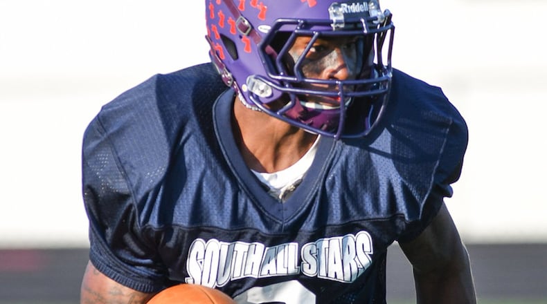 Dunbar receiver Keyshawn Jones runs during the first quarter of the Miami Valley Football Coaches Association’s all-star game on Friday night at Centerville Stadium. BRYANT BILLING / CONTRIBUTED