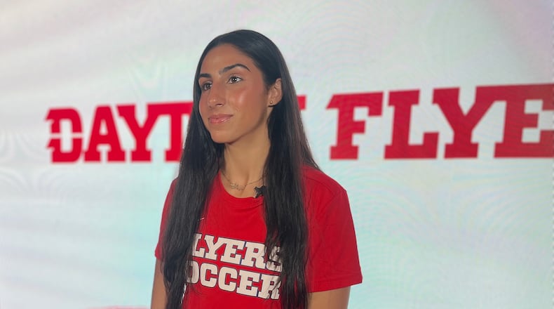 Dayton goalkeeper Batoul Reda talks to local media on Wednesday, Sept. 10, 2025, at UD's Cronin Center. David Jablonski/Staff