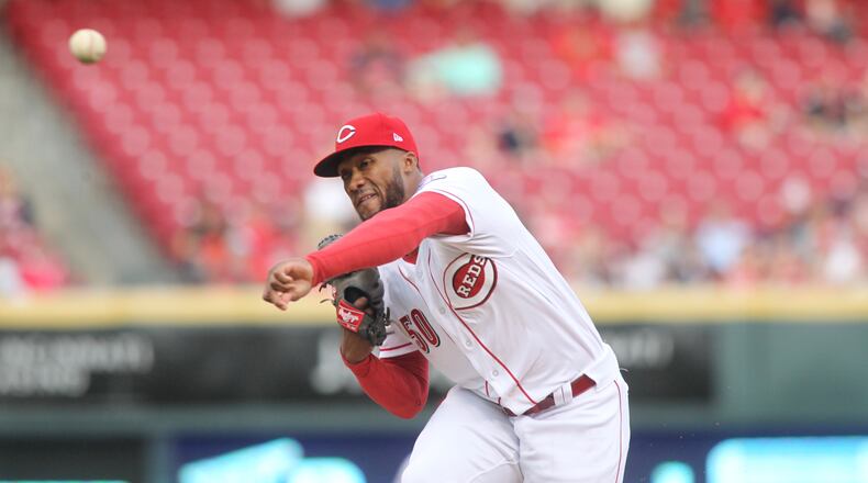 Reds starter Amir Garrett pitches against Indians on Tuesday, May 23, 2017, at Great American Ball Park in Cincinnati. David Jablonski/Staff