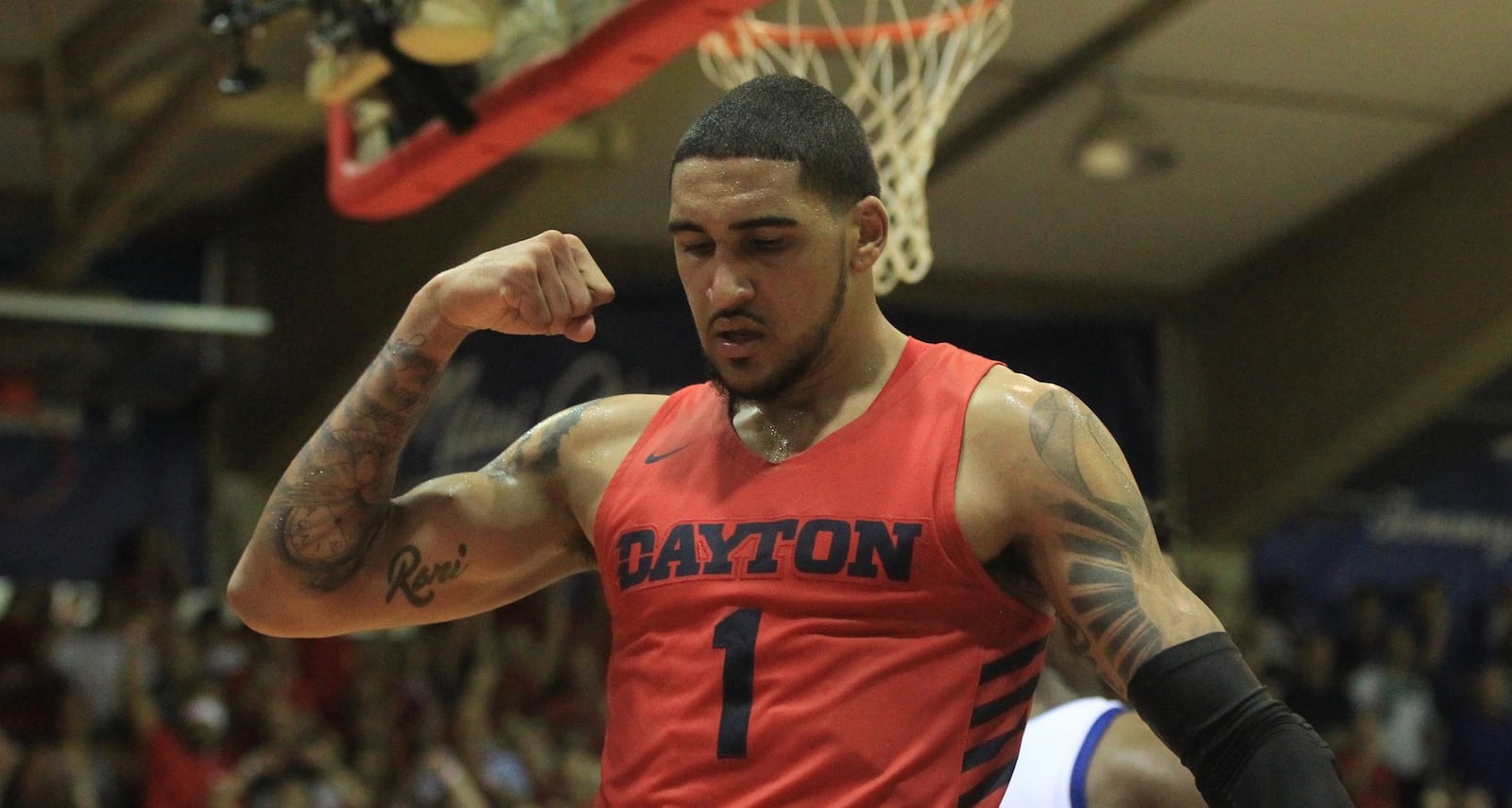 Dayton’s Obi Toppin reacts after scoring against Kansas on Wednesday, Nov. 27, 2019, in the Maui Invitational championship at Lahaina Civic Center. David Jablonski/Staff