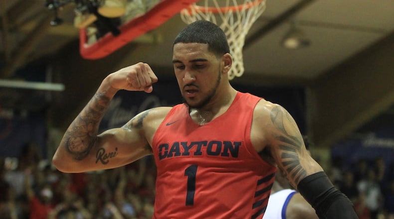 Dayton’s Obi Toppin reacts after scoring against Kansas on Wednesday, Nov. 27, 2019, in the Maui Invitational championship at Lahaina Civic Center. David Jablonski/Staff