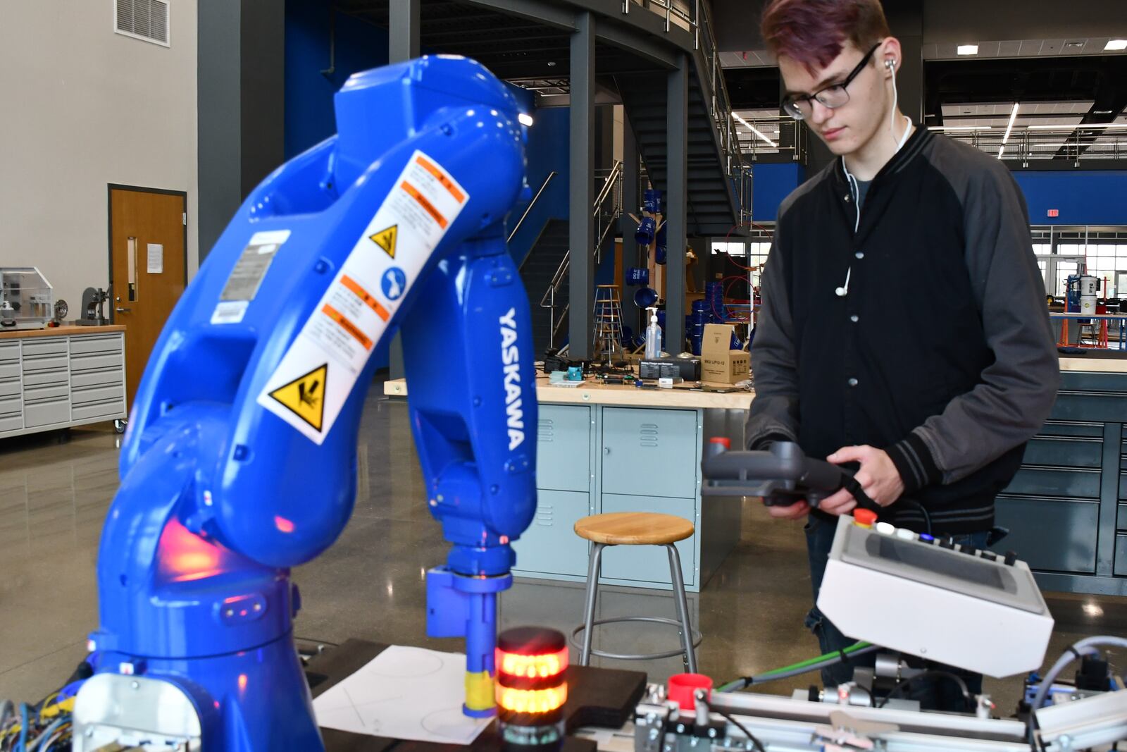 Jayden Jones (Beavercreek) worked to program a robot to reflect the lighting routine he planned himself. This was an exciting project for Advanced Industrial Robotics juniors to dive into during their first semester at Greene County Career Center.