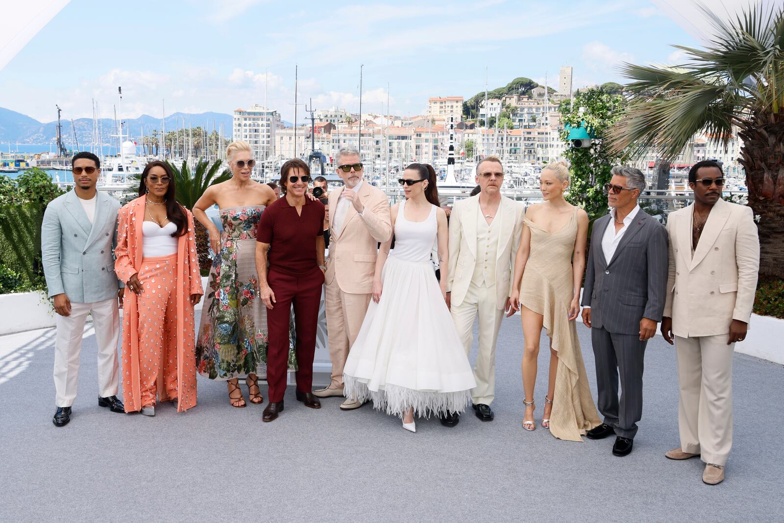 Greg Tarzan Davis, from left, Angela Bassett, Hannah Waddingham, Tom Cruise, director Christopher McQuarrie, Hayley Atwell, Simon Pegg, Pom Klementieff, Esai Morales, and Tramell Tillman pose for photographers during the photo call for the film 'Mission: Impossible – The Final Reckoning' at the 78th international film festival, Cannes, southern France, Wednesday, May 14, 2025. (Photo by Joel C Ryan/Invision/AP)