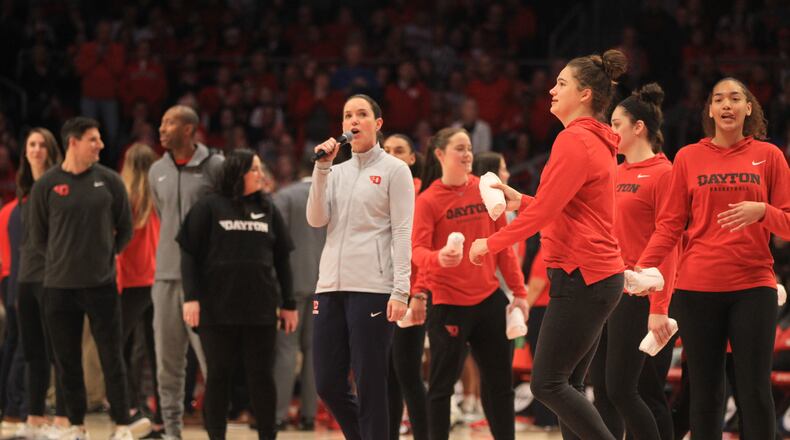 Dayton women's basketball coach Shauna Green speaks to the crowd at UD Arena during a Dayton men's basketball game on Feb. 8, 2020. David Jablonski/Staff