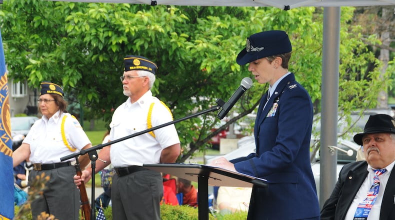 Leah Lauderback, then an Air Force colonel and commander of the National Air and Space Intelligence Center commander, speaks during a Memorial Day ceremony at Veterans Memorial Park in Beavercreek in May 2015.