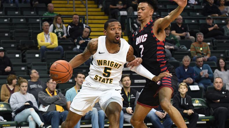 Wright State’s Skyelar Potter drives baseline against UIC last season. Joseph Craven/WSU AThletics